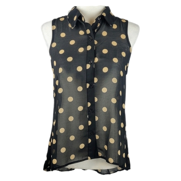 Sans Souci Black Sleeveless High Low Tank Top with Tan Polka Dots Small NWOT - Picture 2 of 7